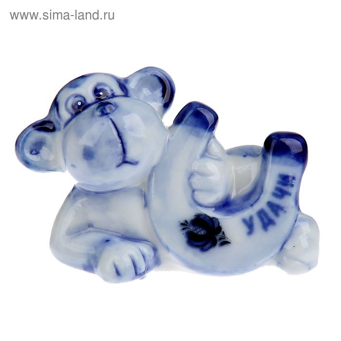 Сувенир керамика под гжель "Мартышка с подковой и пожеланием удачи" - Фото 1