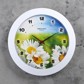 Часы настенные, серия: Цветы, "Ромашки", дискретный ход, d-30 см, белый обод