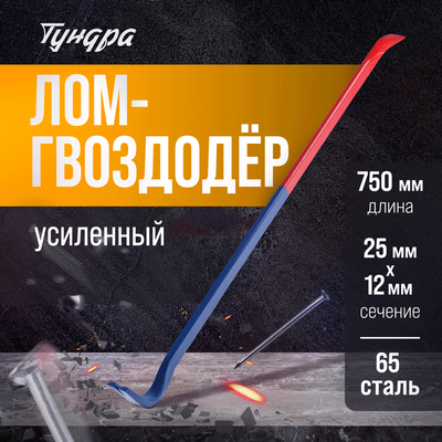 Лом-гвоздодер ТУНДРА, усиленный, 65 сталь, 750×25×12 мм