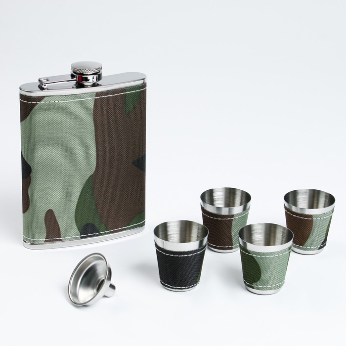 Подарочный набор 6 в 1 «Камуфляж»: фляжка 240 мл, 4 стопки, воронка, нержавеющая сталь, текстиль, зелёный - Фото 1