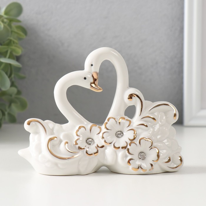 Фигурка керамика «Лебеди в цветах», белый, со стразами, 10×13.4×4.2 см - Фото 1