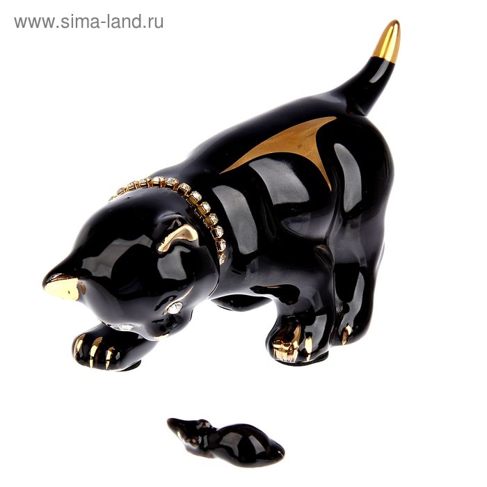 Сувенир керамика "Кот с мышкой" черный, со стразами, 9х14,5х6,4 см - Фото 1