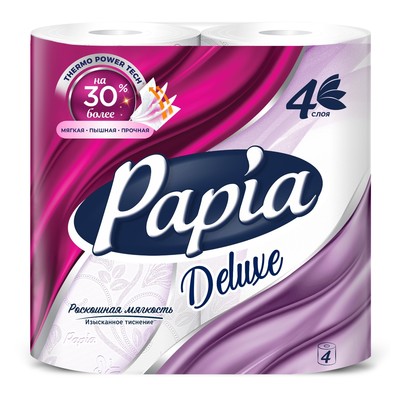 Туалетная бумага PAPIA DELUXE Белая, 4 слоя, 4 рулона