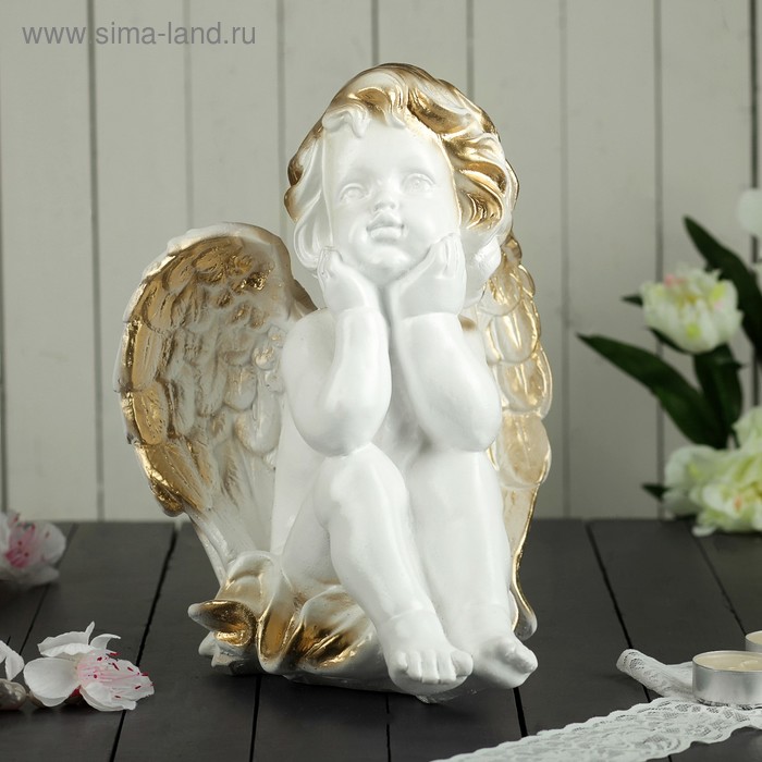 Статуэтка "Ангел мечтающий" белая, с золотистым декором, 26 см - Фото 1