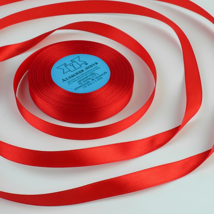 Лента атласная, 12 мм × 33 ± 2 м, цвет красный №026 - Фото 1