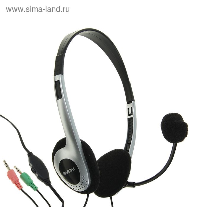 Наушники SVEN AP-010MV, компьютерные, микрофон, 105 дБ, 32 Ом, 3.5 мм, 2 м,чёрно-серебристые - Фото 1
