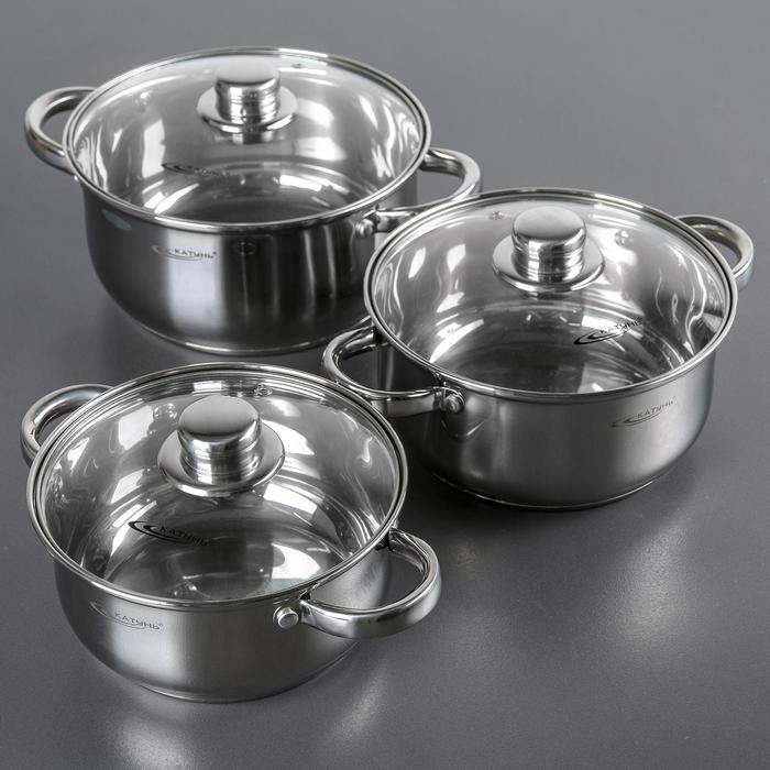 Набор кастрюль Катунь «Гретта», 3 предмета: 2.2 л, 3.2 л, 4.2 л, капсульное дно, индукция, нержавеющая сталь, AISI - 201 - Фото 1