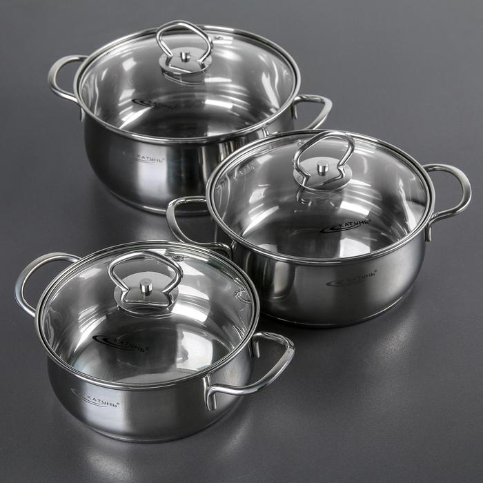 Набор кастрюль Катунь «Лира», 3 предмета: 1.6 л, 2.2 л, 3.2 л, капсульное дно, индукция, нержавеющая сталь, AISI - 201 - Фото 1