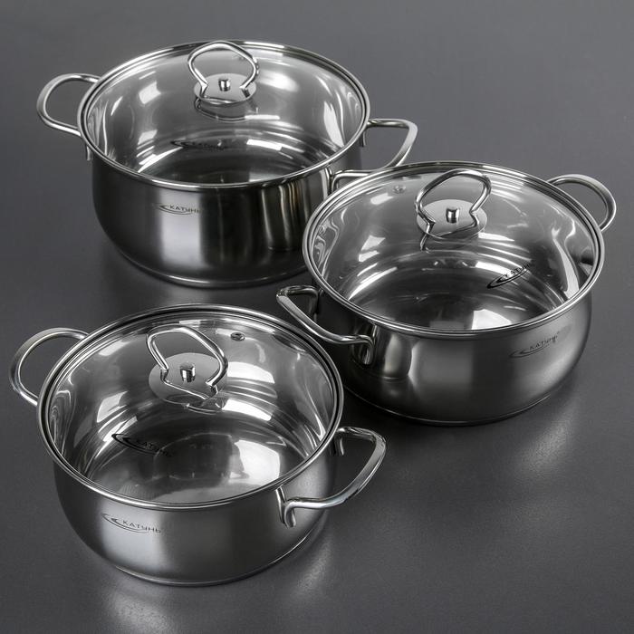 Набор кастрюль Катунь «Лира», 3 предмета: 2.2 л, 3.2 л, 4.2 л, капсульное дно, индукция, нержавеющая сталь - Фото 1