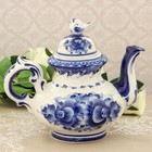 Чайник гжель «Воробей», бело-синий,керамика, - Фото 1