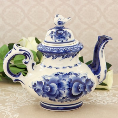 Чайник гжель «Воробей», бело-синий,керамика,