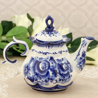 Чайник гжель «Анемон», бело-синий,керамика, 10×18×15 см,