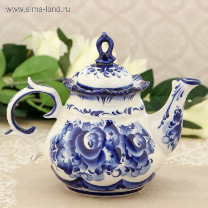 Чайник гжель «Анемон», бело-синий,керамика, 10×18×15 см, - Фото 1