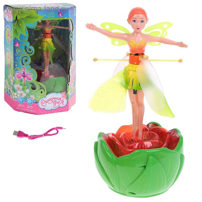 Кукла летающая и парящая "Бабочка" музыкальная, со световым эффектом, работает от батареек, USB-кабель - Фото 1