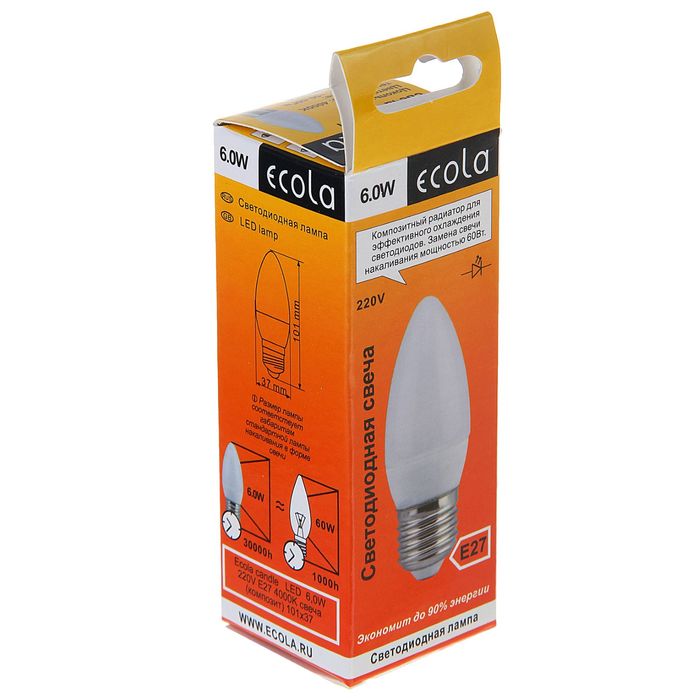 Лампа светодиодная Ecola "свеча", E27, C37, 6 Вт, 4000 K, 101x37 мм, дневной белый - фото 1906798681