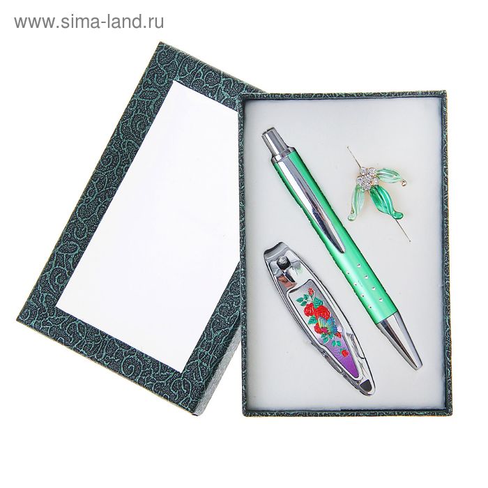 Набор подарочный 3в1: ручка, брошь, кусачки, цвет зелёный - Фото 1