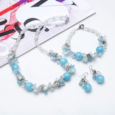 Набор 3 предмета: серьги, бусы, браслет, каменная долина «Аквамарин»
