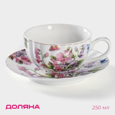 Чайная пара керамическая Доляна «Колокольчики», 2 предмета: чашка 250 мл, блюдце d=15 см, цвет белый
