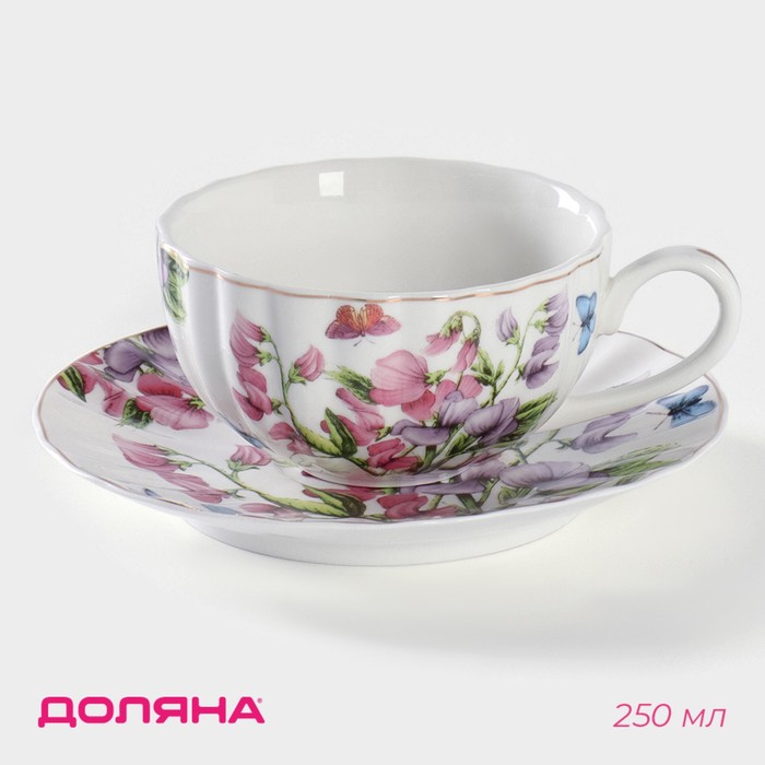Чайная пара керамическая Доляна «Колокольчики», 2 предмета: чашка 250 мл, блюдце d=15 см, цвет белый - Фото 1