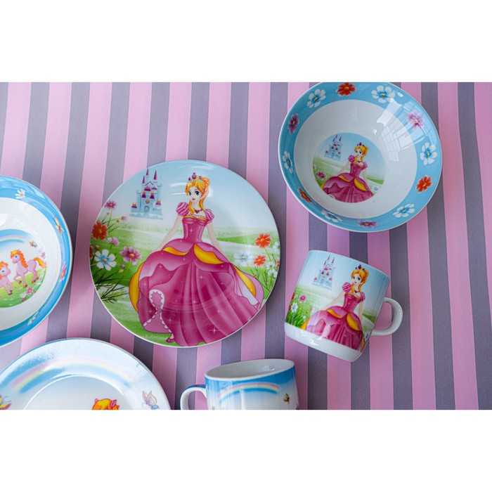 Набор детской посуды из керамики Доляна «Волшебница», 3 предмета: кружка 230 мл, миска 400 мл, тарелка d=18 см, цвет белый - фото 1895048464