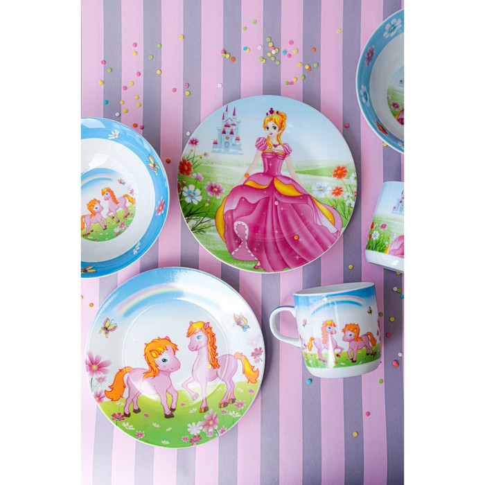 Набор детской посуды из керамики Доляна «Волшебница», 3 предмета: кружка 230 мл, миска 400 мл, тарелка d=18 см, цвет белый - фото 1909729328