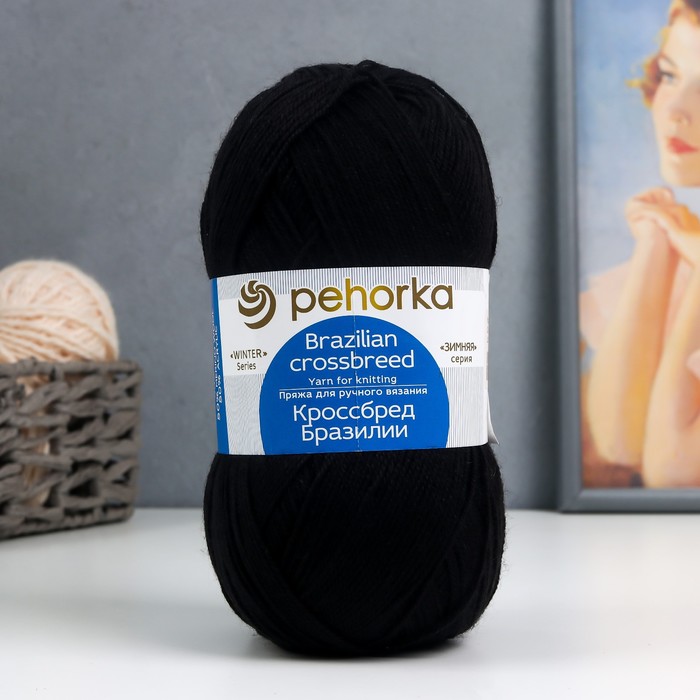 Пряжа для вязания спицами, крючком «Пехорский текстиль. Кроссбред Бразилии», 50% мериносовая шерсть, 50% акрил, 500 м/100 г, (02 чёрный) - Фото 1