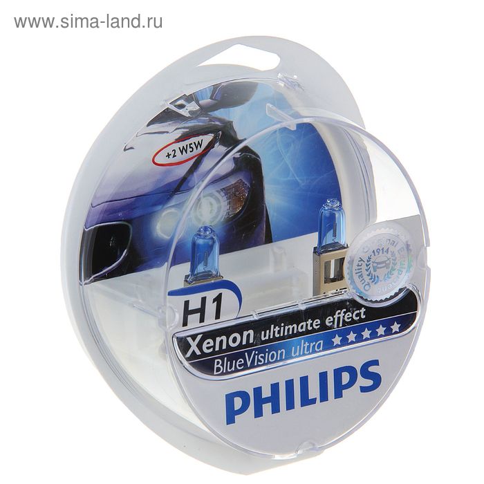 Лампа автомобильная Philips Blue Vision Ultra, H1, 12 В, 55 Вт, набор 2 шт. - Фото 1