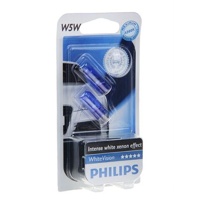 Лампа автомобильная Philips White Vision, W5W, 12 В, 5 Вт, набор 2 шт