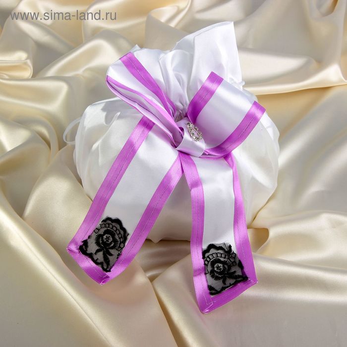 Сумочка невесты атласная, белая с лиловой окантовкой - Фото 1