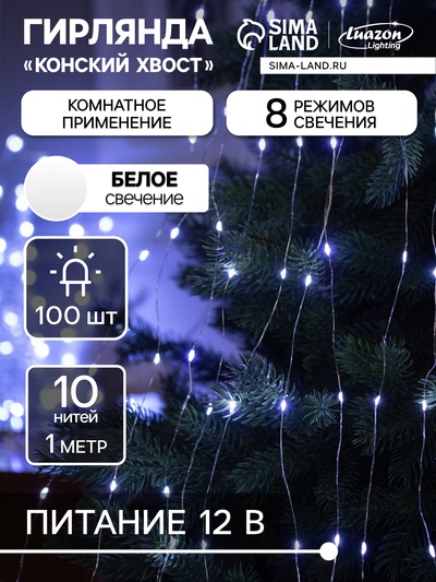 Гирлянда «Конский хвост» 10 нитей по 1 м, IP20, серебристая нить, 100 LED, свечение белое, 8 режимов, 12 В