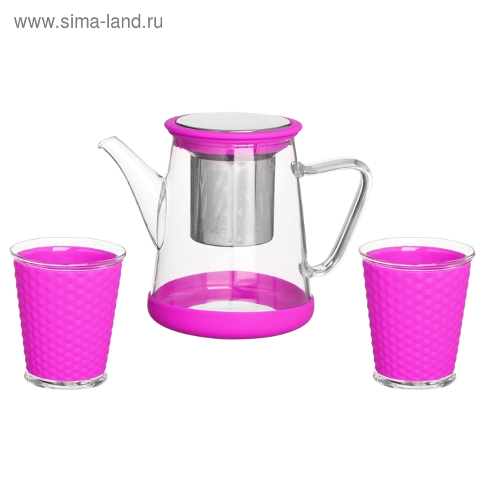 Набор "Воздух": чайник заварочный 800 мл, 2 стакана 200 мл с силиконовыми вставками, цвет розовый - Фото 1
