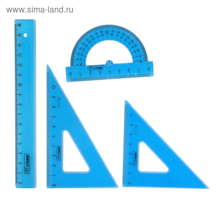 Набор геометрический "Стамм", малый (линейка 16 см, треугольник 7 см 45*, треугольник 10 см 30*, транспортир 8 см 180*), тонированный - Фото 1