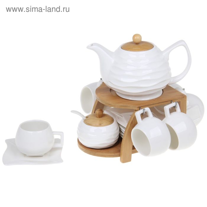Сервиз кофейный «Эстет», 14 предметов: кружки 150 мл, чайник 1 л,на деревянной подставке - Фото 1