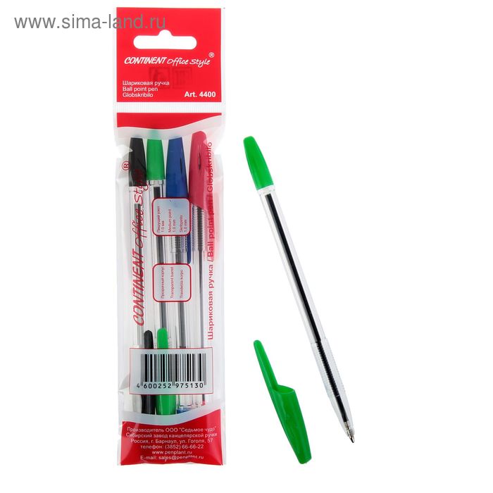 Набор ручек шариковых микс 4 цвета Continent Office Style (Зелёный, Красный, Чёрный, Синий) 1. - Фото 1