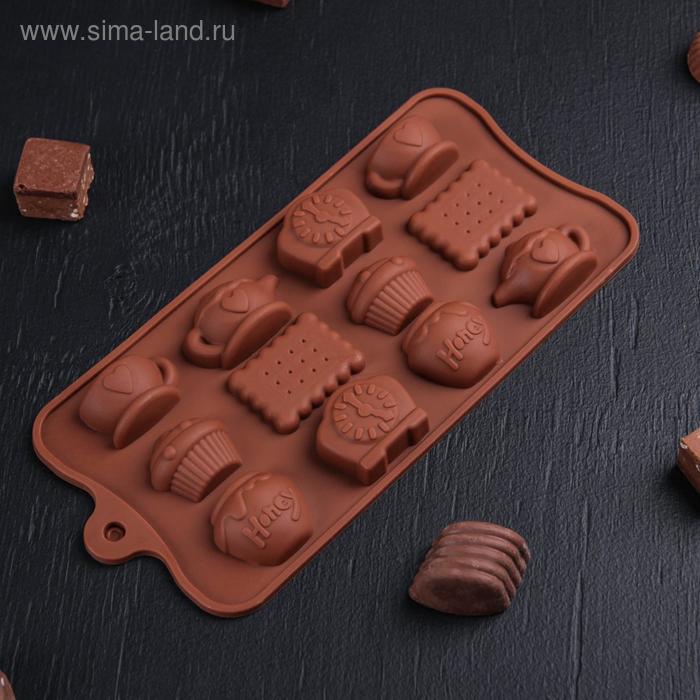 Форма силиконовая для украшений Доляна «Чаепитие», 22.5×10.5×2 см, 12 ячеек, силикон, коричневая - Фото 1