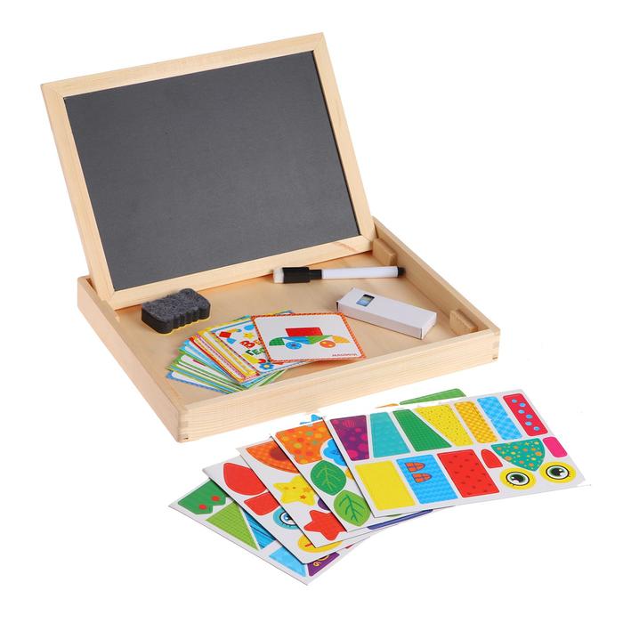 Конструктор магнитный «Геометрия» в дерев коробке + набор игровых карточ, мел, маркер, губка - Фото 1