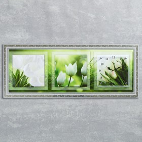 Часы-картина настенные, серия: Цветы, "Белые тюльпаны", 35 х 100 см