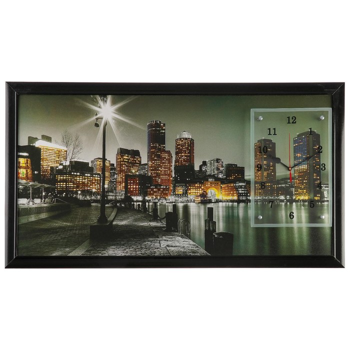 Часы-картина настенные, серия: Город, "Ночной Бостон", 50 х 100 см - фото 1905350028