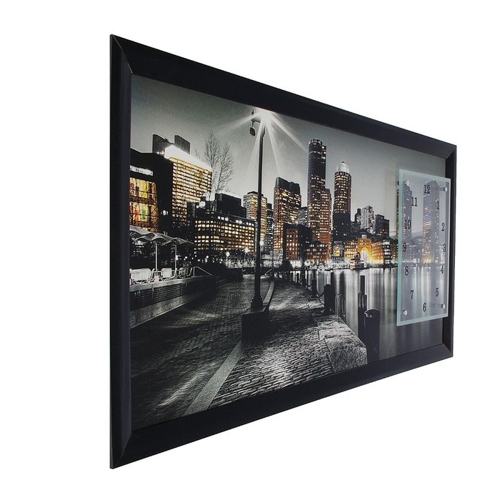 Часы-картина настенные, серия: Город, "Ночной Бостон", 50 х 100 см - фото 1905350030