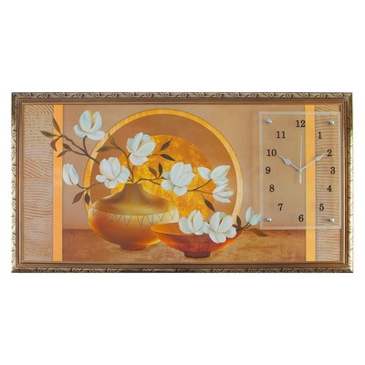 Часы-картина настенные, интерьерные "Две вазы с цветами", 50 х 100 см, на холсте, бесшумные