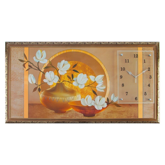 Часы-картина настенные, серия: Цветы, "Две вазы с цветами", 50 х 100 см - Фото 1