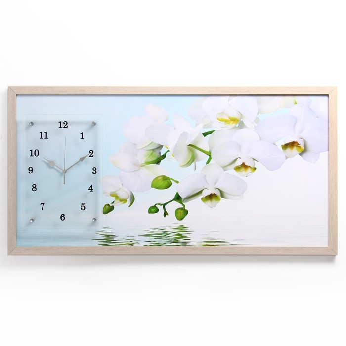 Часы-картина настеные, интерьерные "Водная гладь и белые орхидеи", бесшумные, 50 х 100 см - Фото 1