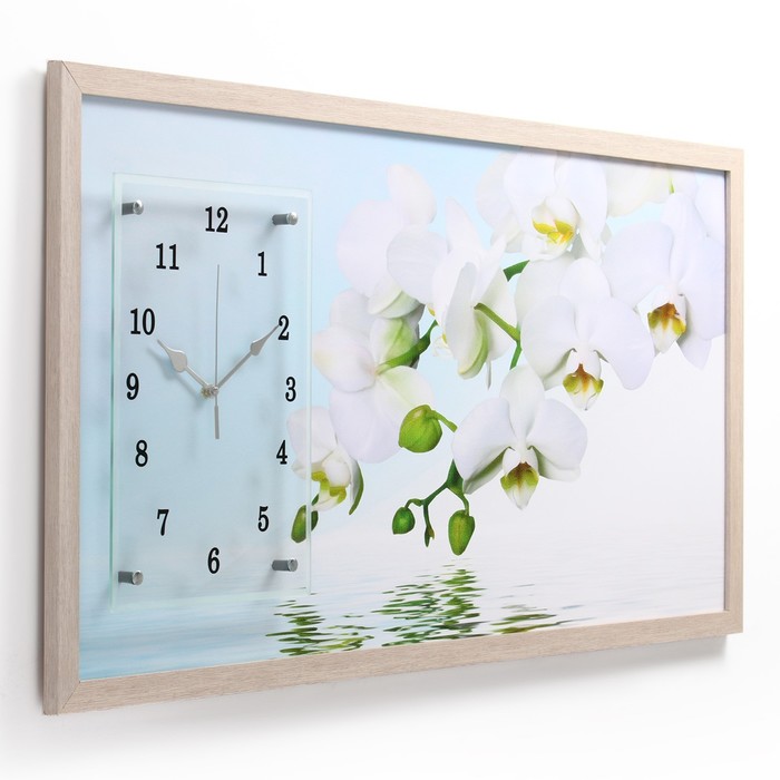 Часы-картина настенные, серия: Цветы, "Водная гладь и белые орхидеи", 50 х 100 см - фото 1883242474
