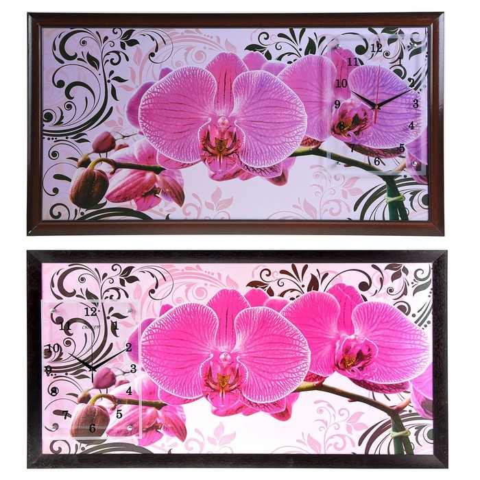 Часы-картина настенные, серия: Цветы, "Розовые орхидеи с узором", 50 х 100 см - фото 1883242478