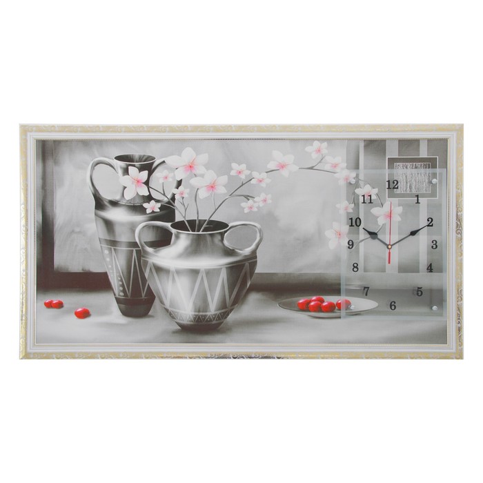 Часы-картина настенные, серия: Цветы, "Серые вазы", 50 х 100 см - фото 1905350086