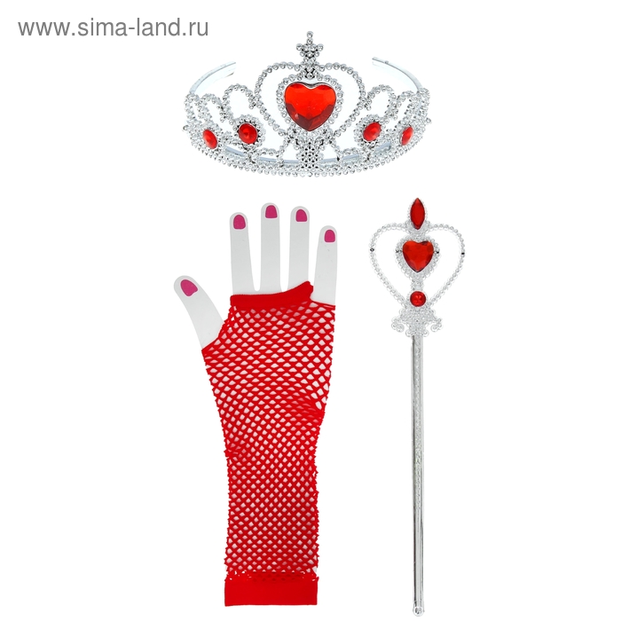 Карнавальный набор "Принцесса", 3 предмета: корона, жезл, перчатки, цвет красный - Фото 1