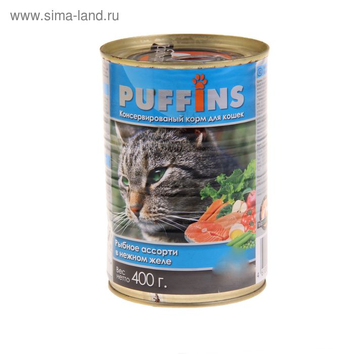 Влажный корм "Puffins" для кошек, рыбное ассорти в нежном желе, ж/б, 400 г - Фото 1