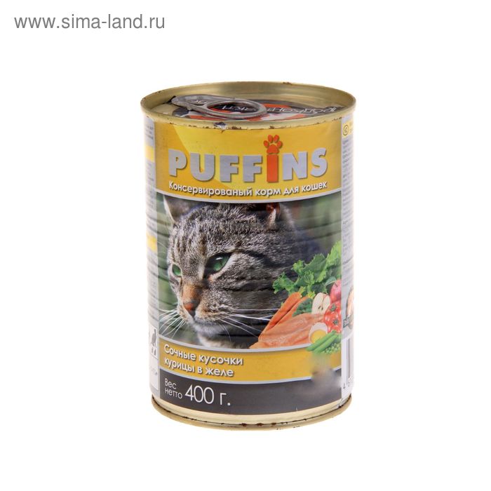 Влажный корм "Puffins" для кошек, сочные кусочки курицы в желе, ж/б, 400 г - Фото 1