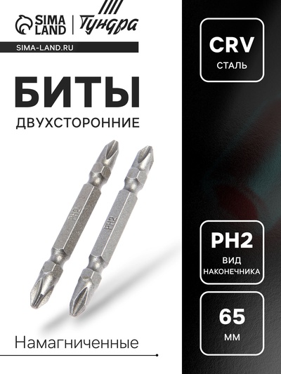 Биты двухсторонние ТУНДРА, намагниченные, сталь CrV, PH2×65 мм, 2 шт.
