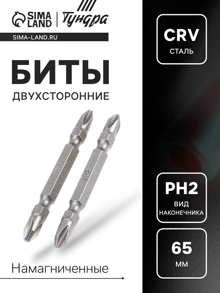 Биты двухсторонние ТУНДРА, намагниченные, сталь CrV, PH2 х 65 мм, 2 шт. - Фото 1